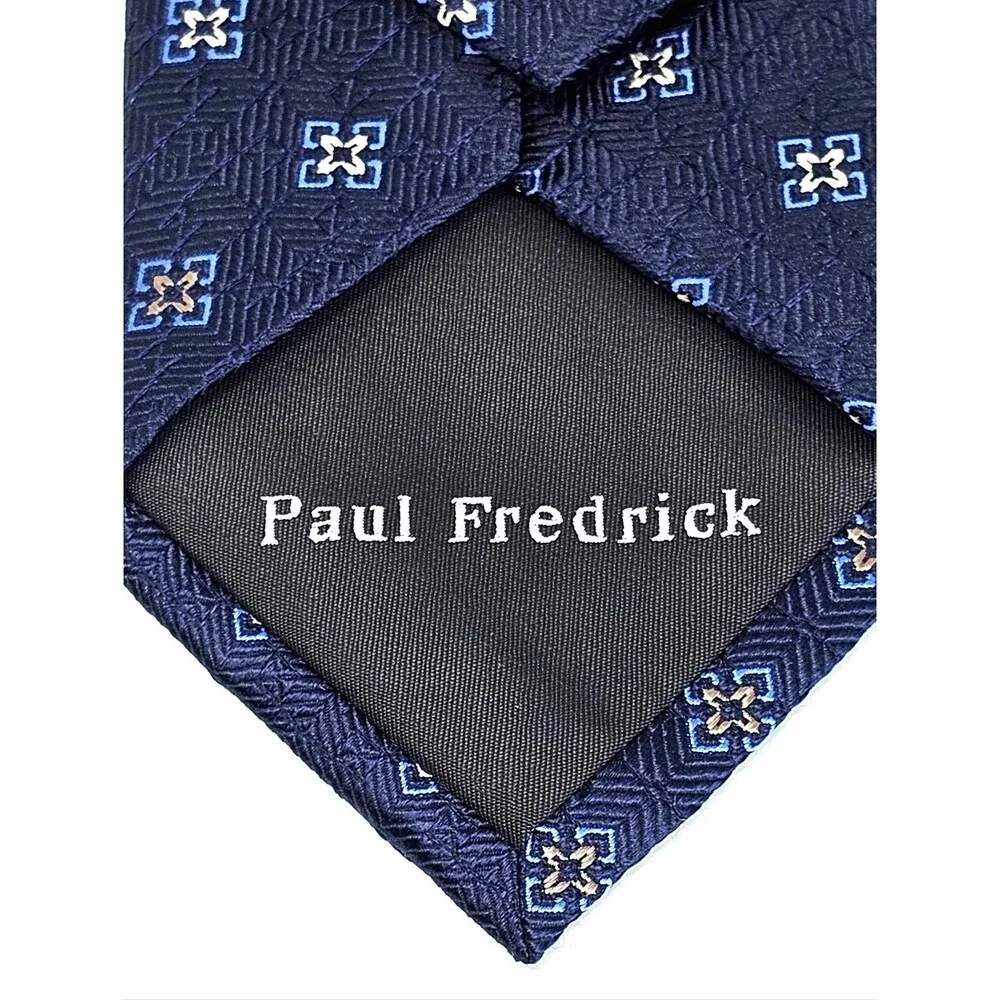 PAUL FREDRICK Navy Blue Tan Geometric Silk Tie Classic Business Formal
